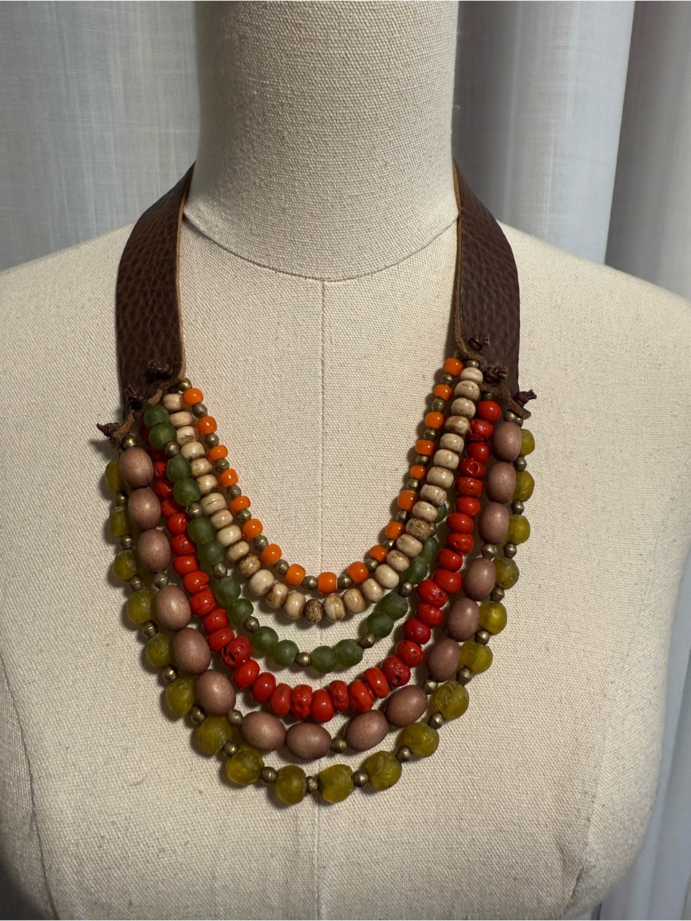 Leather and bead choker style necklace. Handmade.‎